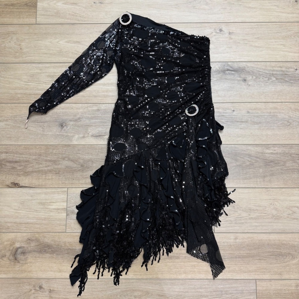 Vintage Scott McClintock One Shoulder Sequin Ruffle Dress Whimsigoth Black Large